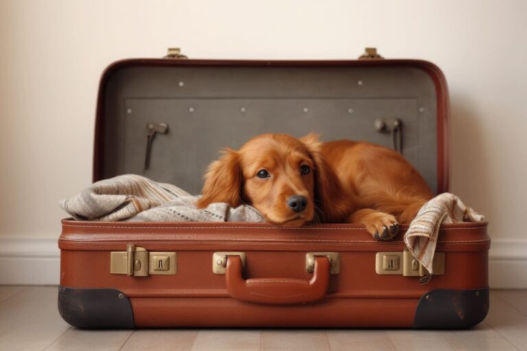 Puppy laying on clothes in an open suitcase