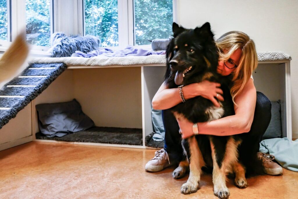 Woman hugging dog from behind inside
